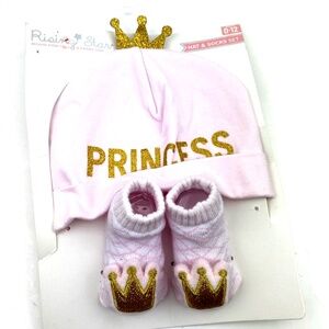 Rising Star Baby Hat Socks Size 0/12m Girls Pink Princess Glitter Set Crown Gold